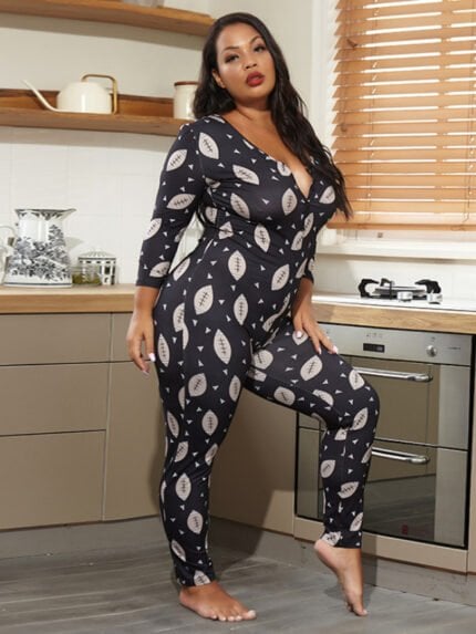 Plus printed V-neck skinny sexy jumpsuit