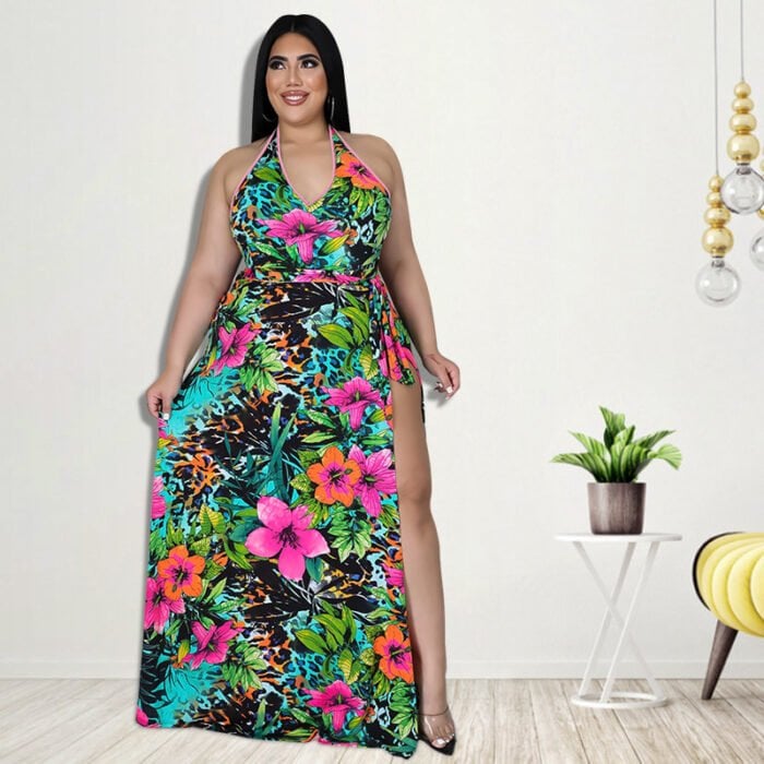 Plus printed swimsuit maxi dress two piece set