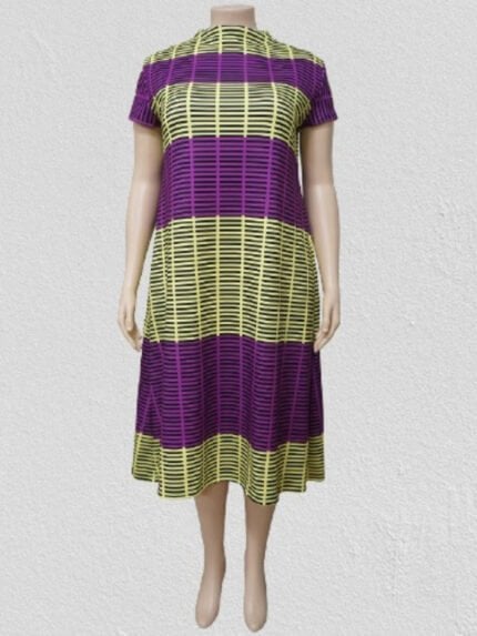 Plus round neck contrast striped dress