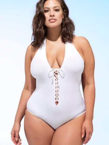 Plus solid color lace-up halterneck swimsuit