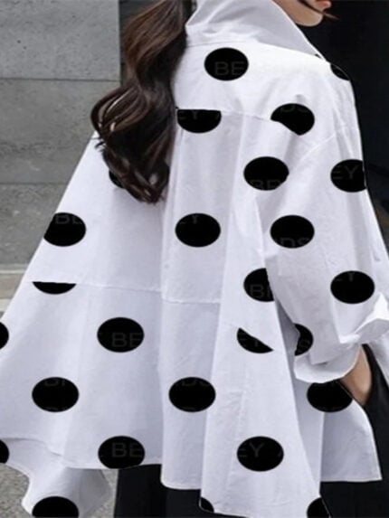 Polka Dot Lapel Hem Slit Shirt