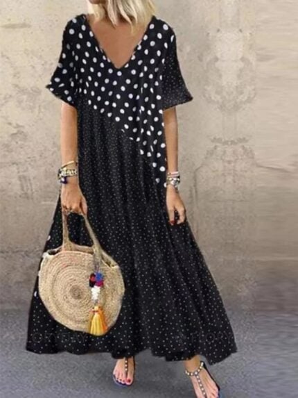 Polka Dot Panel Casual V-Neck Dress-Wholesale