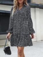 Polka Dot Print V-Neck Puff Sleeve Dress