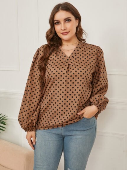 Plus Polka Dot V-neck Blouse