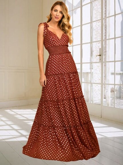 Polka-dot V-neck suspender maxi dress