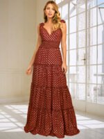 Polka-dot V-neck suspender maxi dress