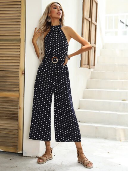 Polka-dot halterneck jumpsuit with belt