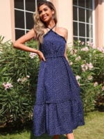 Polka-dot halterneck lace-up dress