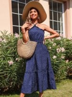 Polka-dot halterneck lace-up dress