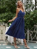 Polka-dot lace-up pleated slip dress