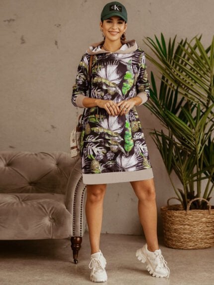 Printed Contrasting Sweatshirt Hooded Dress