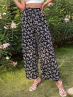 Printed High Waist Elastic Waist Slit Pants