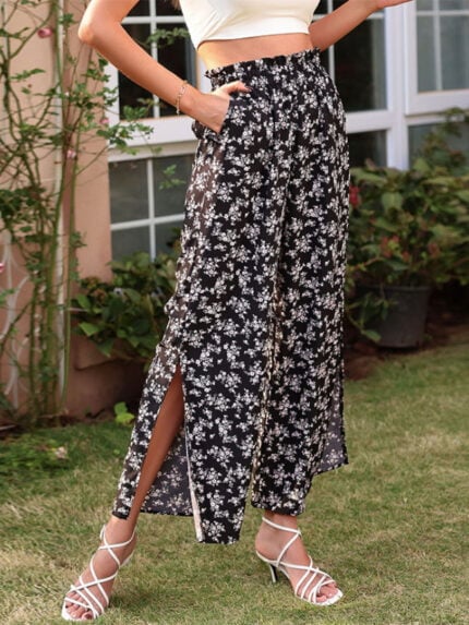 Printed High Waist Elastic Waist Slit Pants