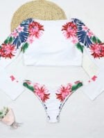 Printed Panel Long Sleeve Swimsuit