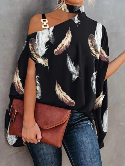 Printed Sexy Slant Collar Loose Top