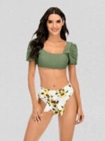 Printed Square Neck Puff Sleeve Swimsuit