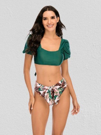 Printed Square Neck Puff Sleeve Swimsuit