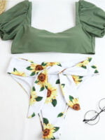 Printed Square Neck Puff Sleeve Swimsuit