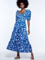 Printed V-Neck Puff Sleeve Dress