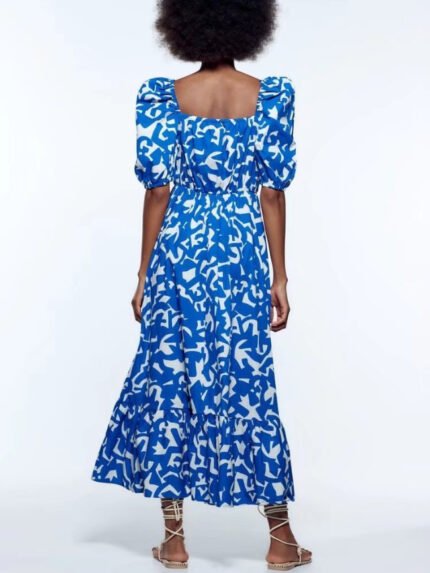 Printed V-Neck Puff Sleeve Dress