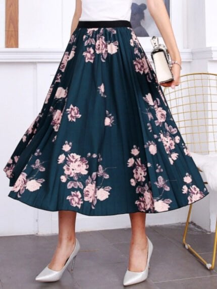 Printed elastic waist mid-length skirt