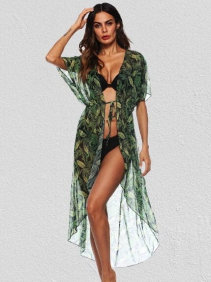 Printed irregular lace-up cardigan beach cover