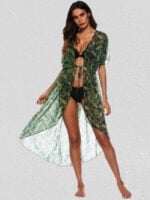 Printed irregular lace-up cardigan beach cover