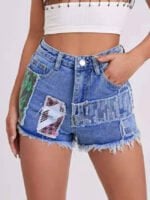 Printed patch panel denim shorts