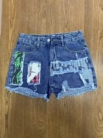 Printed patch panel denim shorts