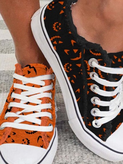 Pumpkin Bat Print Lace Up Canvas Shoe