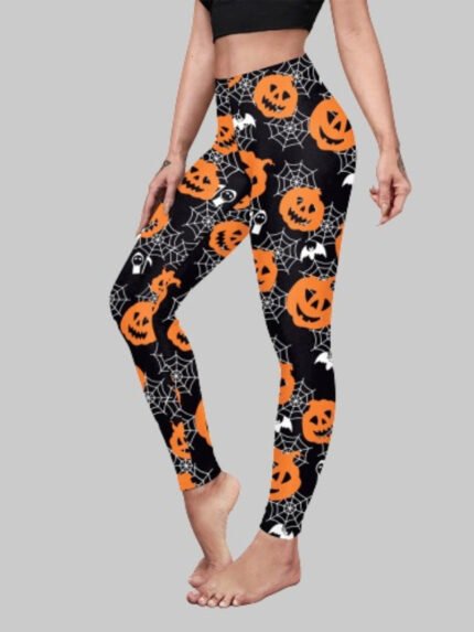 Pumpkin Spider Web Print Leggings