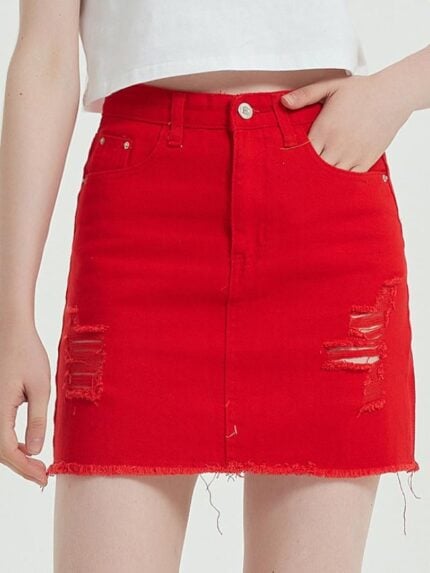 Red Hole High Waist Pack Hip Denim Skirt