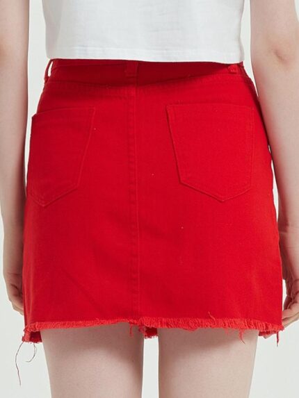 Red Hole High Waist Pack Hip Denim Skirt