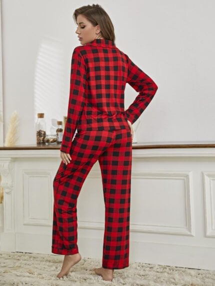 Red plaid lapel loungewear pajamas set