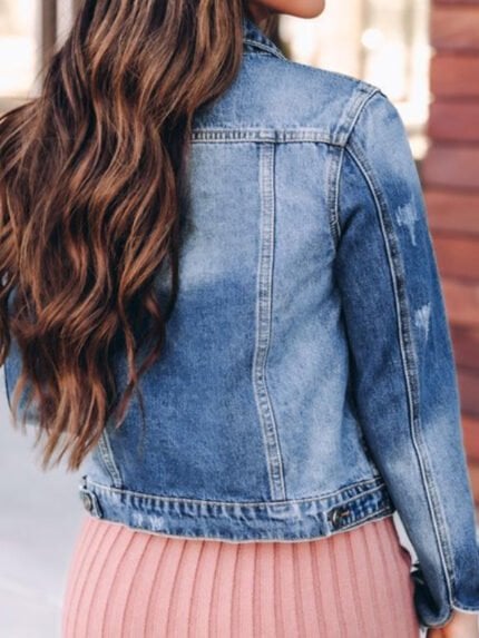 Ripped Button Through Short Denim Jacket