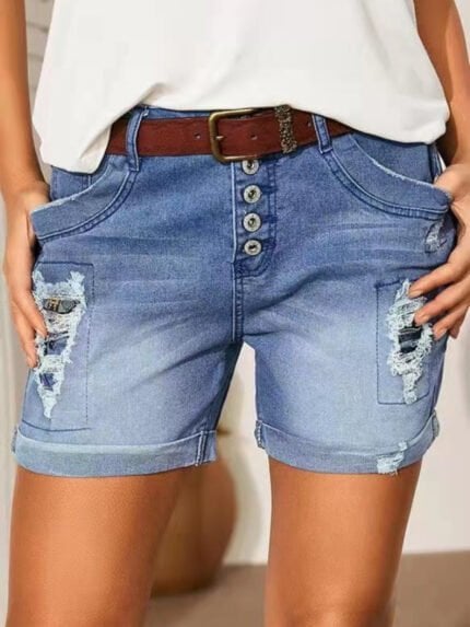 Ripped High Waist Straight Denim Shorts