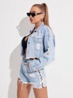 Ripped Raw Hem Cropped Denim Jacket