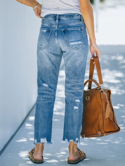 Ripped casual cropped straight-leg jeans