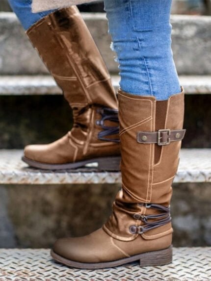 Round Toe Low Heel Buckle Rider Boots