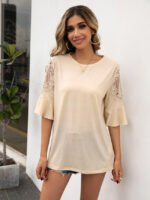 Wholesale Round neck lace panel cutout T-shirt