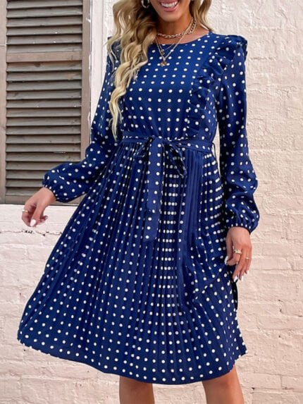 Round neck puff sleeve polka dot dress