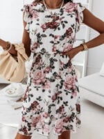 Ruffle Short Sleeve Chiffon Print Dress