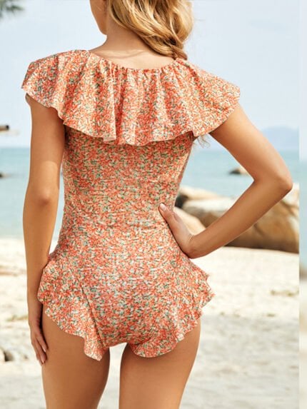 Ruffle Sleeve Floral One Piece Swimsuit