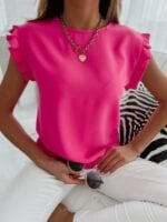 Ruffled Short Sleeve O-Neck Blouse