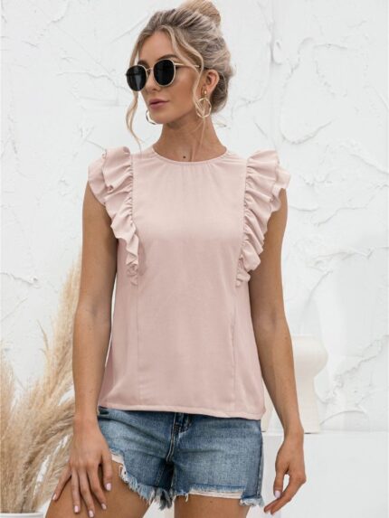 Wholesale Ruffled Tie Crew Neck Solid Tank Top