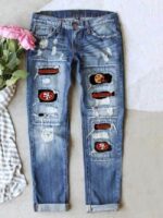 SF letter Print Patch Ripped Causal Jeans