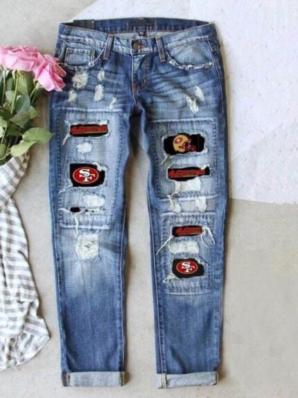 SF letter Print Patch Ripped Causal Jeans