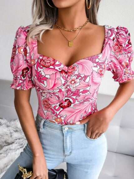 Wholesale Sexy Square Neck Floral Chiffon Shirt