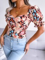 Wholesale Sexy Square Neck Floral Chiffon Shirt