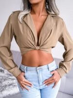 Wholesale Sexy Suit Collar Knotted Crop Top